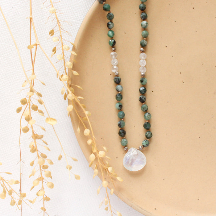 Knotted Emerald & Moonstone Necklace