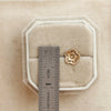 A bronze mini cactus flower post earring next to a ruler for size reference