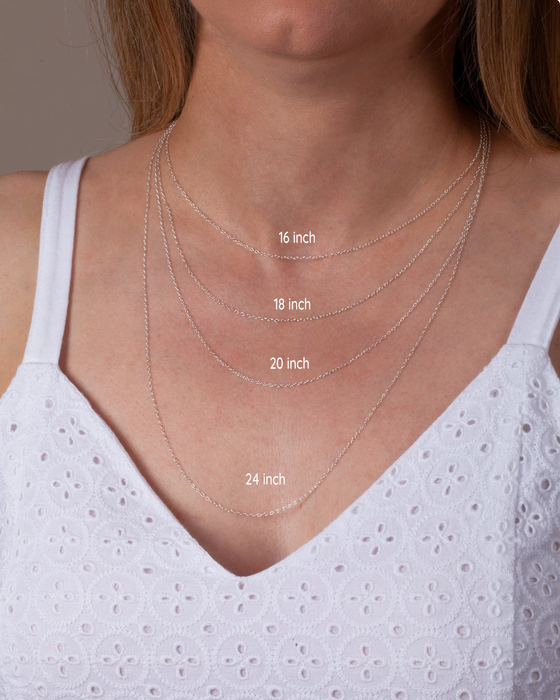 A graphic showing the different chain length options on a woman's chest