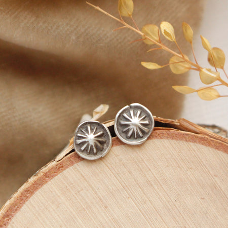 The columbine burst post earrings styled on wood with tan velvet and dried grass