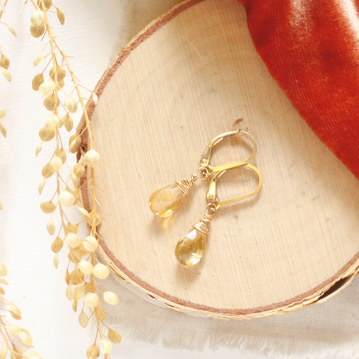 The gold citrine drop earrings styled on wood with orange velvet and dried grass