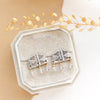 The labradorite mixed metal pakal arch post earrings styled on a velvet box with dried grass