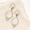 The labradorite wrapped mixed metal teardrop hoop earrings styled on tan linen