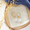The moonstone drop earrings with shepherd hooks styled on wood with blue velvet and dried grass