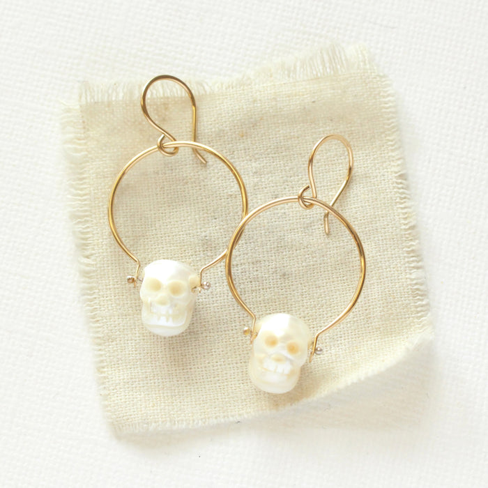 Carved Pearl Skull Hoop Earrings