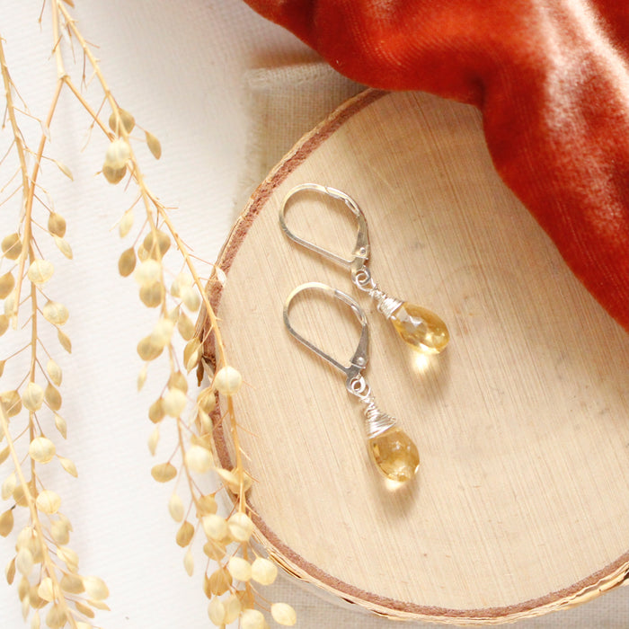 The silver citrine drop earrings styled on wood with orange velvet and dried grass