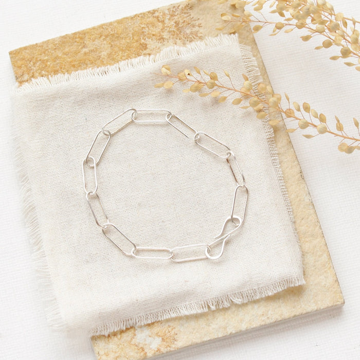 The silver paperclip styled on a tan rock with linen and dried grass