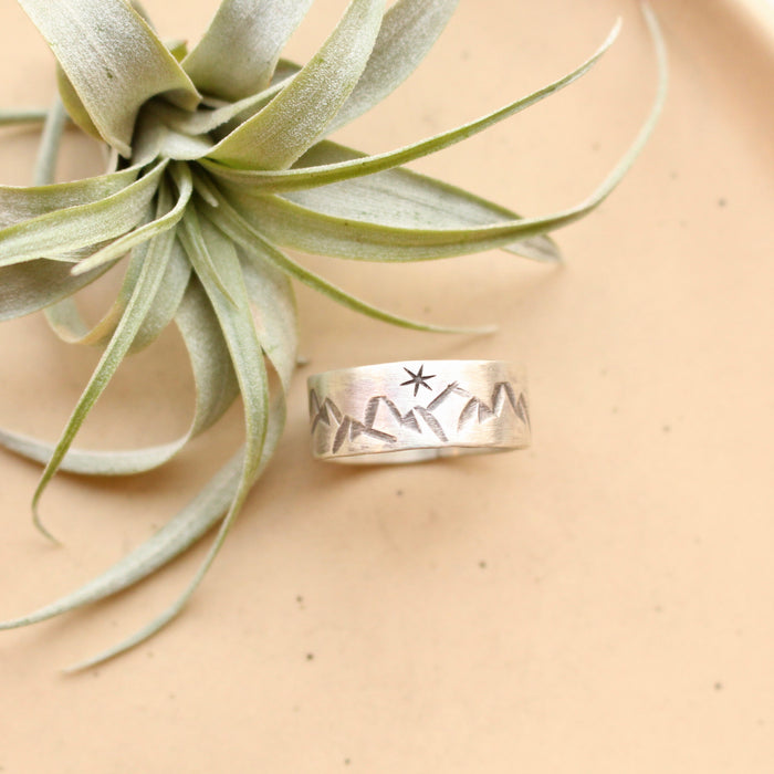 The stamped mountain range with stars ring styled on a tan plate with an air plant