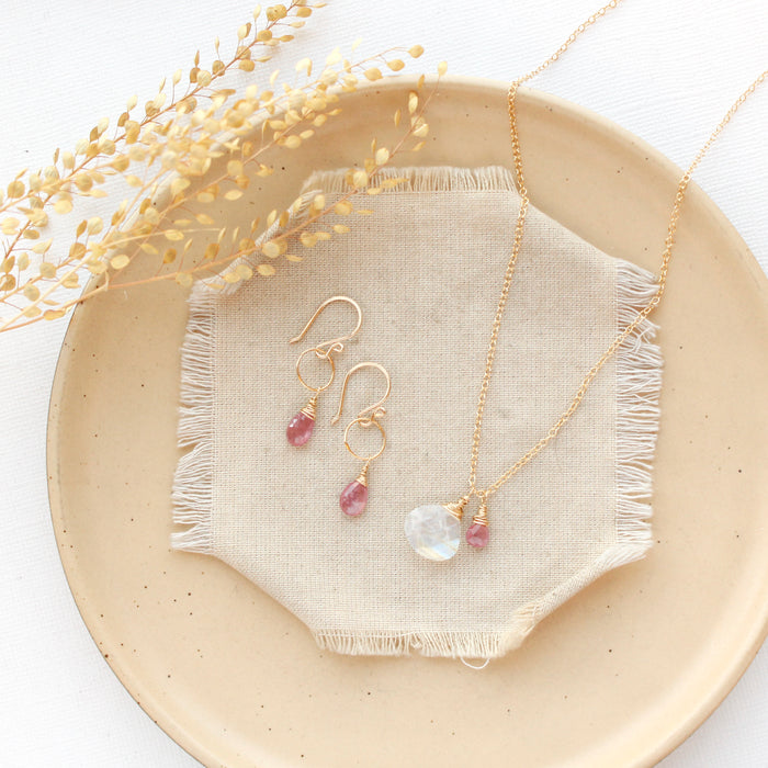 Rainbow Moonstone & Pink Sapphire Charm Necklace