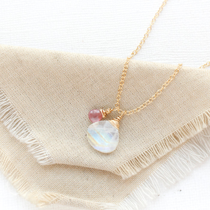 Rainbow Moonstone & Pink Sapphire Charm Necklace